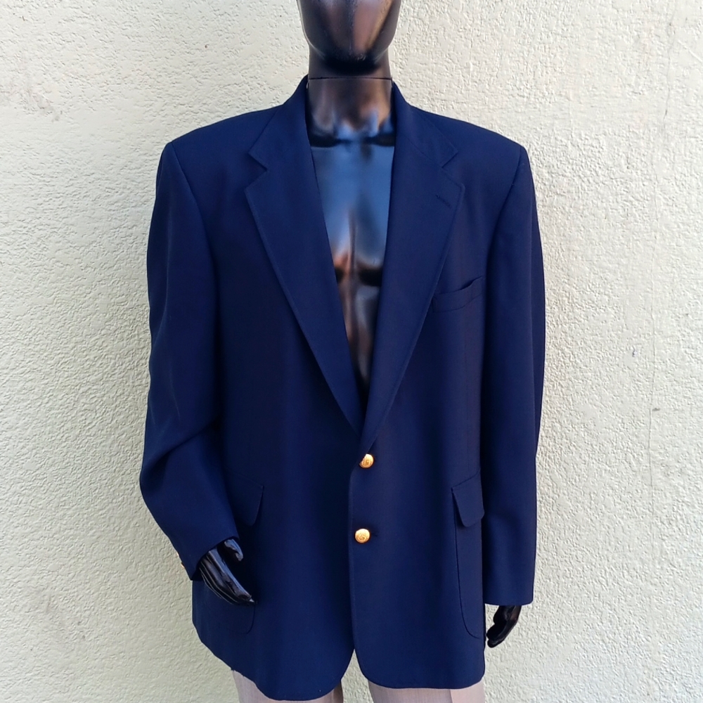 GARRISON PARK MEN'S VINTAGE PURE WOOL NAVY BLUE BLAZER W/GOLD BUTTON ACCENTS